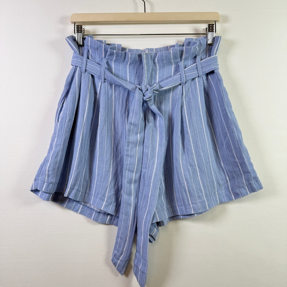 FLYING TOMATO Blue Striped Paperbag Waist Linen Blend Shorts L‎